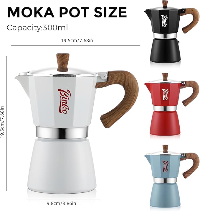 Bincoo Blue Moka Pot 6 Cups, Espresso Maker Stovetop, Aluminum Espresso Pot Classic Italian Coffee Maker,Single Safety Valve