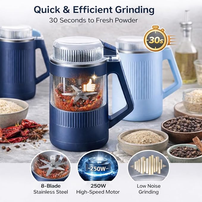 YZJSM Electric Coffee Grinder, 550ML Large Capacity Electric Blade Grinder with 8 Stainless Steel Blades, Multifunctional Grinder for Coffee Beans, Spices, Herbs, Grains & Baby Food﻿ (light blue)