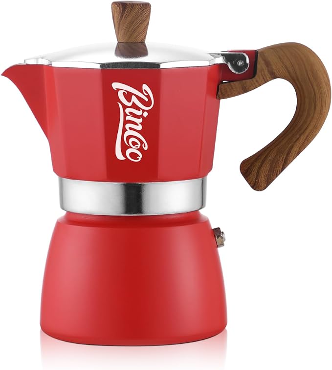 Bincoo Espresso Maker Stovetop, Moka Pot 3 Cups, Espresso Pot Classic Italian Coffee Maker,Single Safety Valve (Red, 3 Cup)