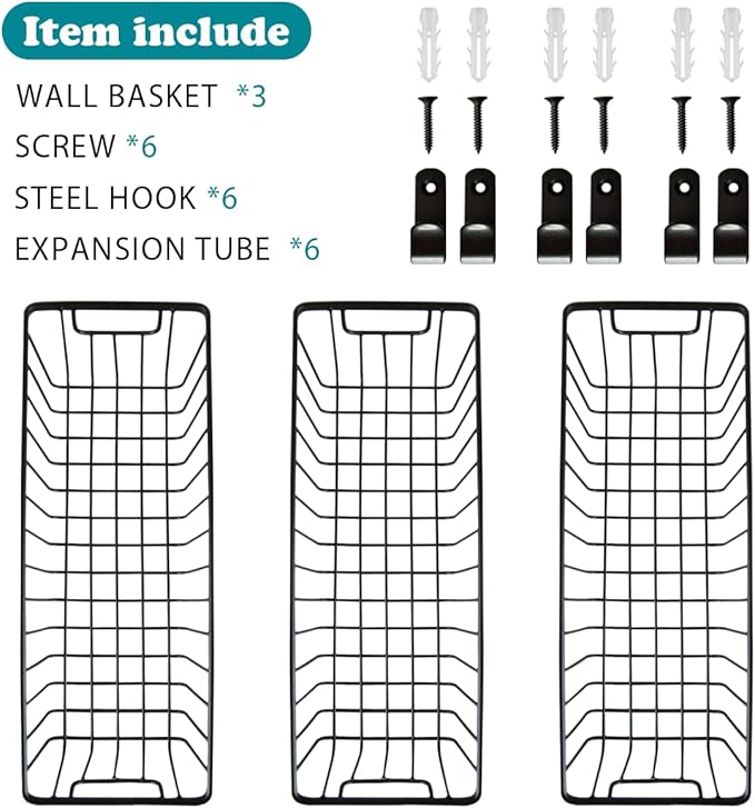 SheeChung Hanging Wall Wire Baskets - Small, 3 Pack - Portable Metal Wall Mount Basket, Farmhouse Rustic Home Food Storage Organizer for Cabinets, Pantry, Closets, Bathroom, Kitchen, Bedroom (Black)