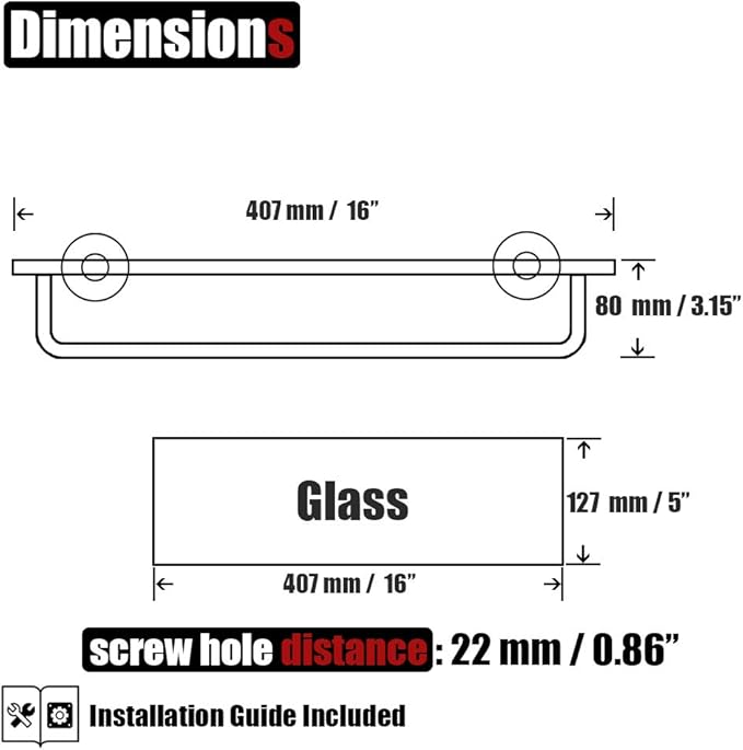 JQK Bathroom Glass Shelf, Shelf with 15 Inch Towel Bar Tempered Glass Shower Storage 16 by 5 inches, 304 Stainless Steel Brushed Finish Wall Mount, TGS100-BN