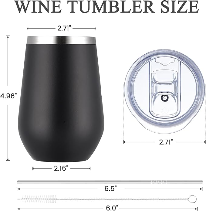 MEWAY 12oz Insulated Wine Tumbler with Press-In Lid, Double Wall Vacuum Stainless Steel Travel Tumbler with Straw,Travel Cup for Coffee and Drinks, Gift for Woman Under 10 dollars(Black,Set of 8)
