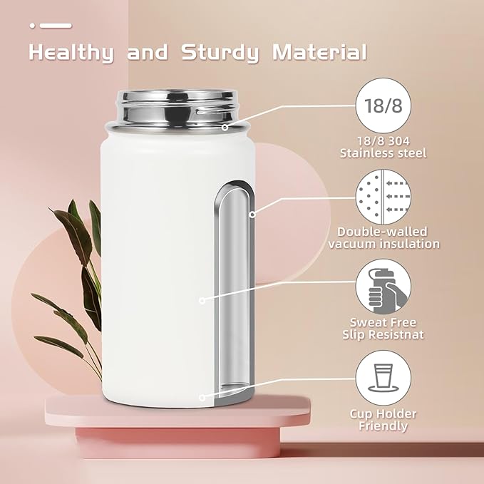 Volhoply 14oz KIds Water Bottle with Straw Lid and Silicone Boot Bulk 6 Pack,Stainless Steel Insulated Cups for Boys & Girls Multipack,Double Wall Vacuum Leakproof Bottles(White,6)