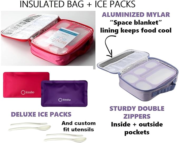 kinsho Lunch Boxes for Boys Teens Adults - Bento Box Set of 2 with Insulated Bag & Ice Pack, 6 Compartment Leak Proof Container, BPA-Free, Microwave Safe, Ideal for School & Work, Pink & Purple