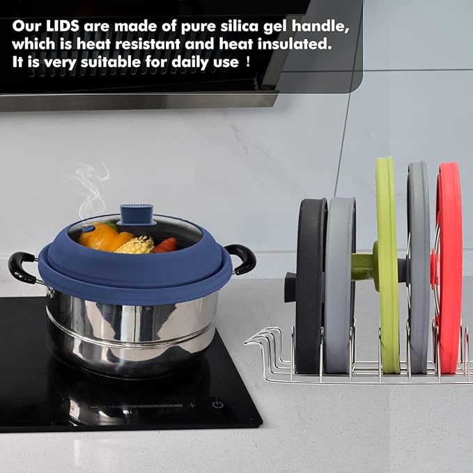Microwave Splatter Cover Glass Guard Lid with Collapsible Silicone for Food Pot Plate Cover 9.8 inch Dark Blue