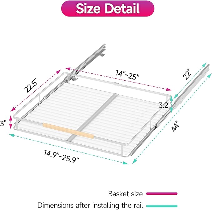 Pull Out Cabinet Organizer, Expandable(14.9"~25.9") Cabinet Drawers Slide Out, Adjustable Width Roll 0ut Shelf Cabinet Organizer for Kitchen Base Cabinet Organization (Large, 2Pack)