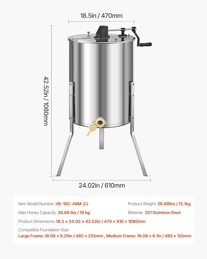 VEVOR Honey Extractor, 4/8 Frame Manual Honey Extractor with Transparent Lid, Stainless Steel Honeycomb Drum Spinner with Height Adjustable Stand, Honeycomb Extraction Equipment for Beekeeping