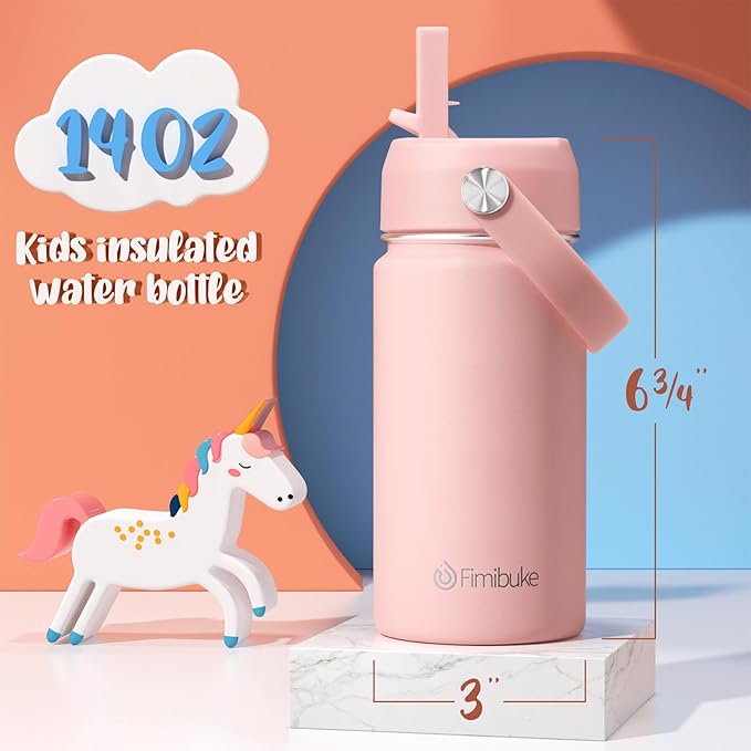 Fimibuke Kids Insulated Water Bottle, 14oz BPA FREE 18/8 Stainless Steel Travel Tumbler Double Wall Vacuum Leak Proof Kids Cup with Straw Metal Water Bottle for School Boys Girls(1 Pack, Blush)