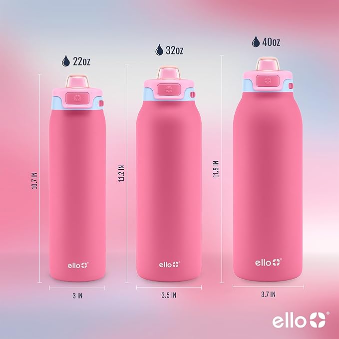 Ello Pop & Fill 40oz Stainless Steel Water Bottle with Quick Fill Technology, Double Walled and Vacuum Insulated Metal, Leak Proof Locking Lid, Sip and Chug, Reusable, BPA Free, Cherry Breeze