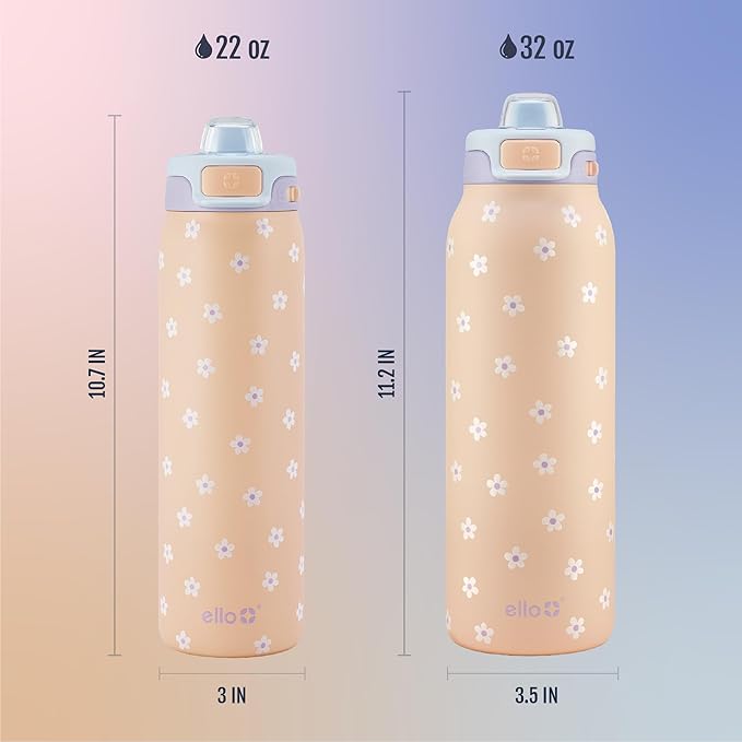 Ello Pop & Fill 22oz Stainless Steel Water Bottle with Quick Fill Technology, Double Walled and Vacuum Insulated Metal, Leak Proof Locking Lid, Sip and Chug, Reusable, BPA Free, Gloss Daisies