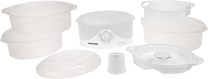Kalorik Electric Food Steamer with Manual Controls 3-Tier with BPA Free Dishwasher Safe Baskets, 800 Watts and 60-Minute Timer Turbo Steam Feature and Easy Refill, 9-Quarts, White