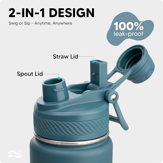 Swigina Insulated Water Bottle with Silicone Boot (36hrs Cold/18hrs Hot) - DIY Stickers, Leakproof, BPA Free, 24 oz [2-IN-1 LID]