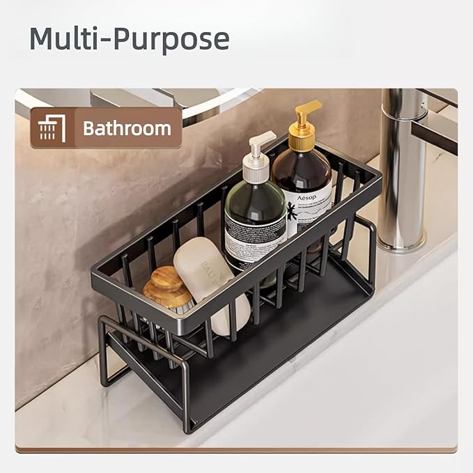 Carbon Steel Kitchen Sink Caddy, Sponge Holder Self Drain Soap Dish with Detachable Dishcloth Rack for Kitchen Countertop Organizer, Black