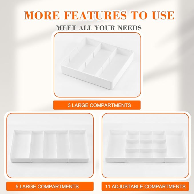 Briwooody 1 Pcs Large Expandable Acrylic Drawer Organizers, Grid Adjustable Drawer, Dividers Organizer for Desk, Makeup, Jewelry, Office, Kitchen Supplies (White,11 Compartments)