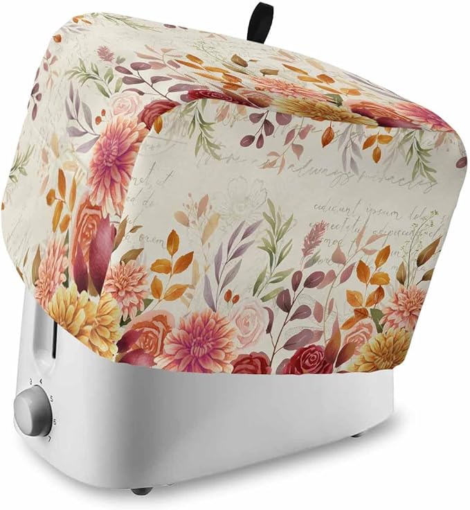 Red Orange Floral Fall Toaster Cover 2 Slice, Thanksgiving Eucalyptus Leaves Dustproof Bakeware Oven Protector with Top Hook, Rustic Waterproof Small Kitchen Appliance Toasters Dust Cover, 11"x6"x8"