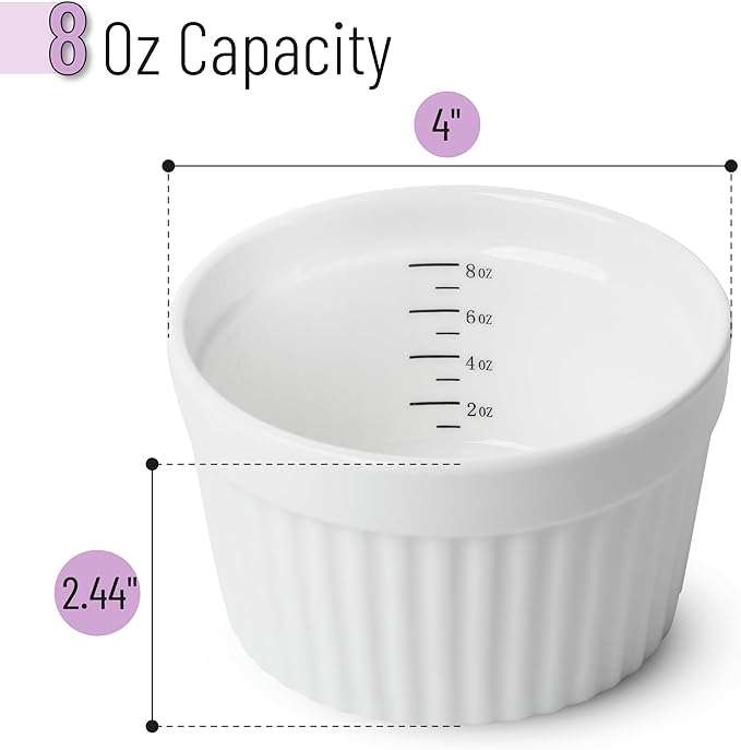 BTaT- Ramekins, 8 oz, Set of 8, Ramekins for Baking, Ramekin with Measurement Markings, Creme Brulee Dishes, Souffle Cups, Custard Cups, Ceramic Bakeware, Souffle Dish, Small Ceramic Bowl