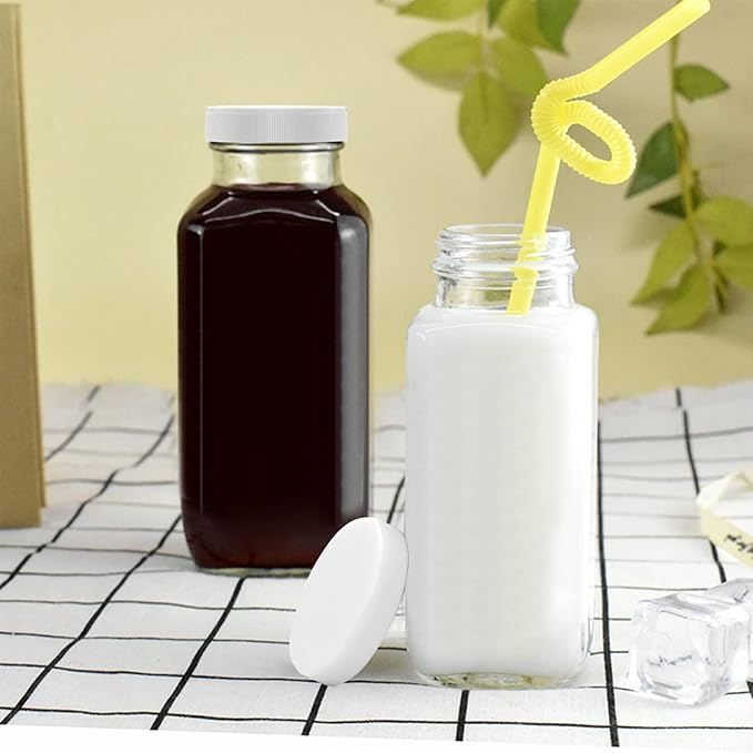 Encheng Glass Bottles 12 oz,Airtight Glass Beverage Bottles with Lids,Clear Vintage Drinking Jars 350ml,Juicing Bottle for Storage Tea,Kombucha,Milk,Smoothies,20 Pack
