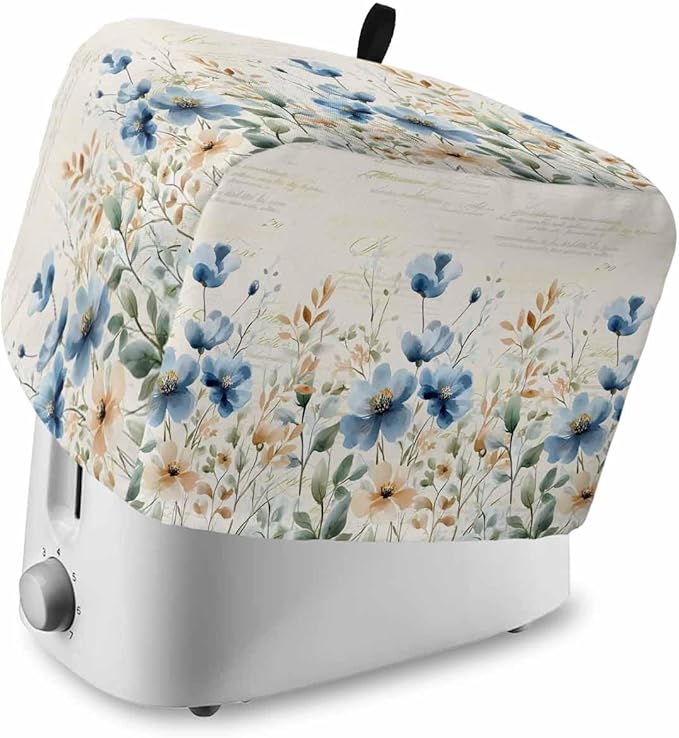 Blue Flowers Rustic Toaster Cover 4 Slice, Spring Vintage Botanical Dustproof Bakeware Oven Protector with Top Hook, Floral Beige Waterproof Small Kitchen Appliance Toasters Dust Cover, 12"x11"x8"