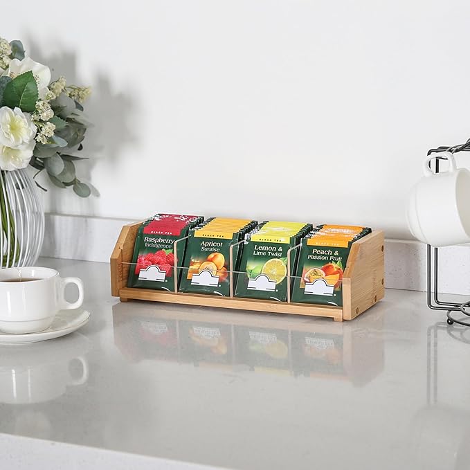 TIOPGHAD Small Bamboo Tea Bag Organizer Storage Holder for Tea Bags Wood Tea Box Containers Tea Rack Teabag Station Stand for Cabinet Countertop Office