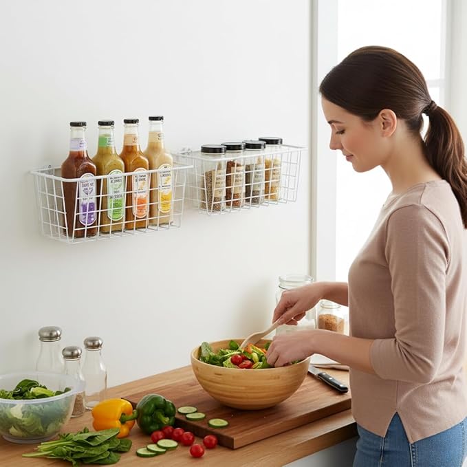 LeleCAT Hanging Kitchen Baskets For Storage Adhesive Sturdy Small Wire Storage Baskets No Drilling Wall Mounted Kitchen Food Pantry Bathroom Shelf Storage, 4 PACK,White