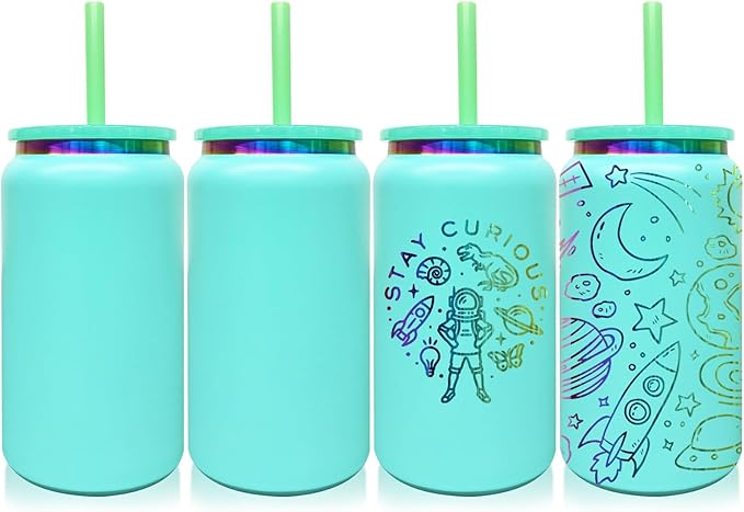 4 Pack Glass Cups with Lids and Straws, 16 oz Stainless Steel Cups, Insulated Skinny Tumbler, Powder Coated Travel Tumblers for Laser Engrave, Iced Coffee Cup for Smoothie Water DIY Gift(Green,4 pack)