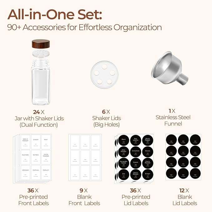 ComSaf 24Pcs (4Oz) Glass Spice Jars with Label, Airtight Seasoning Containers with Lid for Home Cooks to Organizing Herbs, Sugar, Pepper, Salt, Glass Spice Bottles Organize Cabinet & Drawer