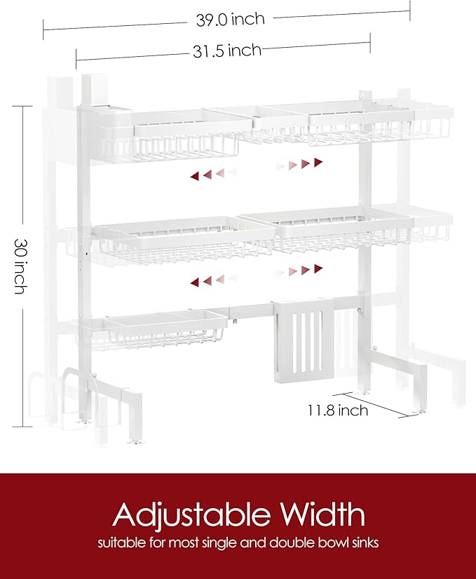 Sakugi Dish Drying Rack - Over The Sink Dish Drainer Drying Rack with Utensil & Knife Holder, Hooks, Stainless Steel Kitchen Organizers and Storage Solution, 11.8" D x 31.5"~39.0''W x 30" H, White