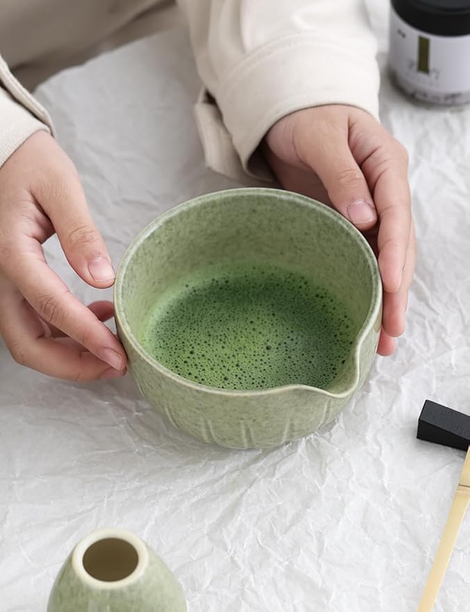 TANG PIN Matcha Set - Match Bowl and Whisk, 15 OZ, Matcha Scoop | Matcha Whisk Stand (Chasen Holder) - 5pc Perfect Matcha Kit for Matcha Tea Ceremony (Mottled Green)