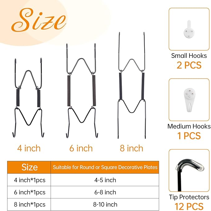 Bilillo 3-Piece Stainless Steel Wall Plate Hangers, 4/6/8 Inch Invisible Decorative Wire Plate Holders with 3 Pieces Wall Hooks for 4 to 10 Inch (Black)