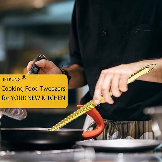 JETKONG 2 Pcs 12-Inch Cooking Tweezers Stainless Steel Food Tweezers Kitchen Tweezer Tongs (Gold)