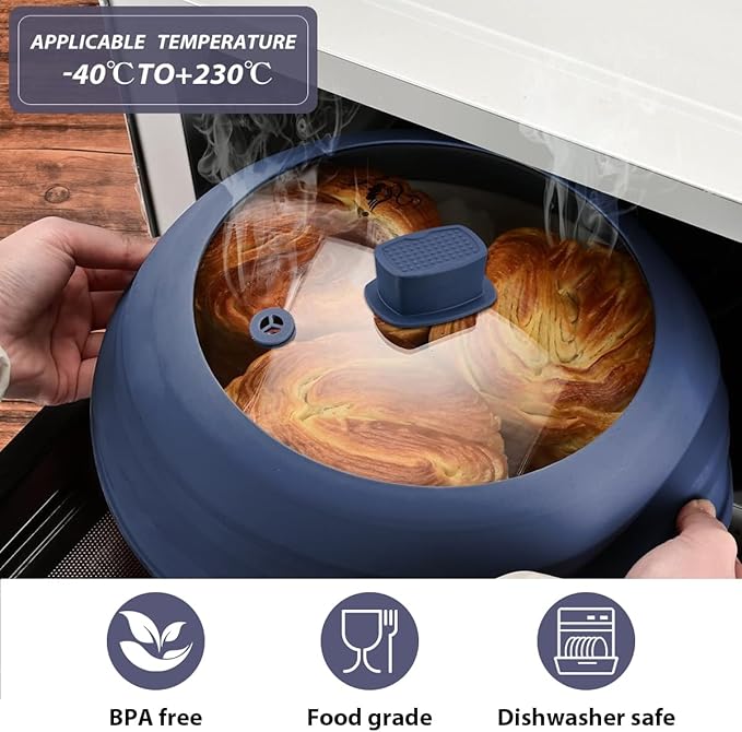 2 Pack Microwave Splatter Cover Glass Guard Lid with Collapsible Silicone for Food Pot Plate 8.5 inch and 9.8 inch Dark Blue, Tall Lid and Standard Size Lid