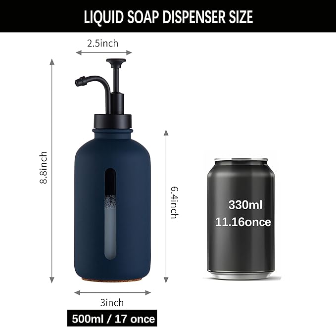 Enra Glass Soap Dispenser with Window,17oz Blue Hand Soap Dispenser Stainless Steel Hand Pump,Countertop Lotion Bottle for Bathroom Kitchen(Blue-Liquid