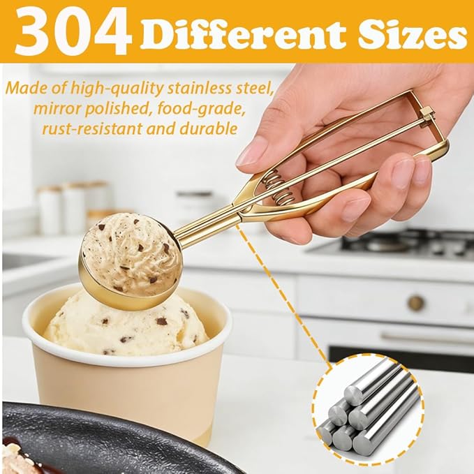Gold Ice Cream Scoop 304 Stainless Steel Cookie Scoops for Baking Melon Baller with Trigger 3 Sizes (Gold, M)