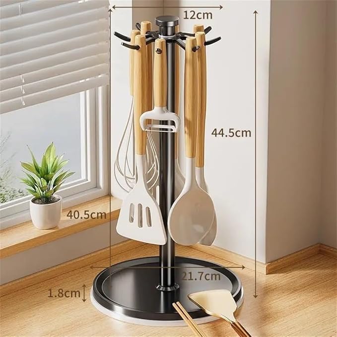 Organizer Rack Rotatable Utensil Holder, With 8 Hooks And 360 Degree Rotation For Kitchen Countertop, Space Saving Organizer For Cooking Tools(Black)