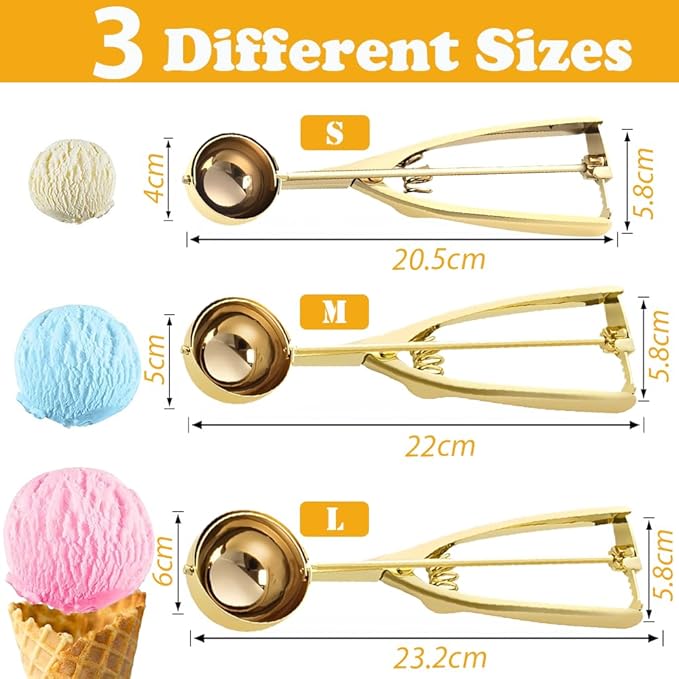 Gold Ice Cream Scoop 304 Stainless Steel Cookie Scoops for Baking Melon Baller with Trigger 3 Sizes (Gold, M)