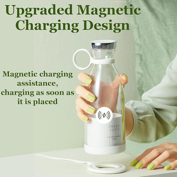 Upgraded Fresh Juice Blender Bottle Portable, Juicer Portable Blender Shake, 380ML USB/Magnetic Charging for Shakes and Smoothies, with Travel Cup and Lid (White,USB charging)