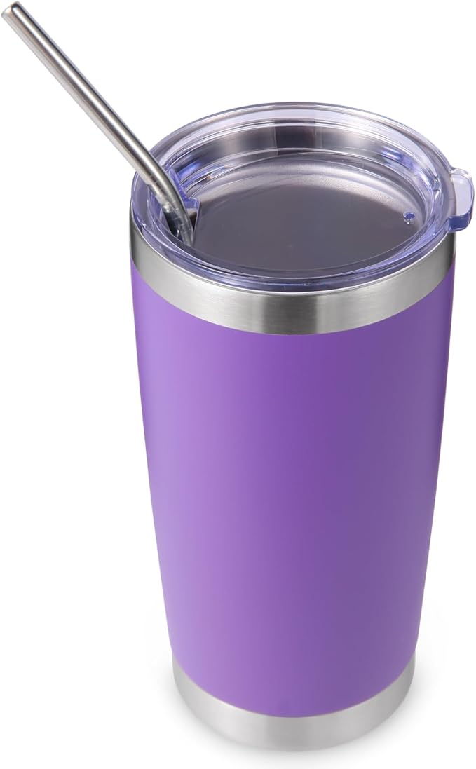 Volhoply 20oz Stainless Steel Tumbler with Lid and Straw,Double Wall Insulated Travel Iced Coffee Mug Fits Car Cup Holder,Powder Coated Cups for Hot and Cold Drinks,Gifts for Women Men（Purple,1 Set）