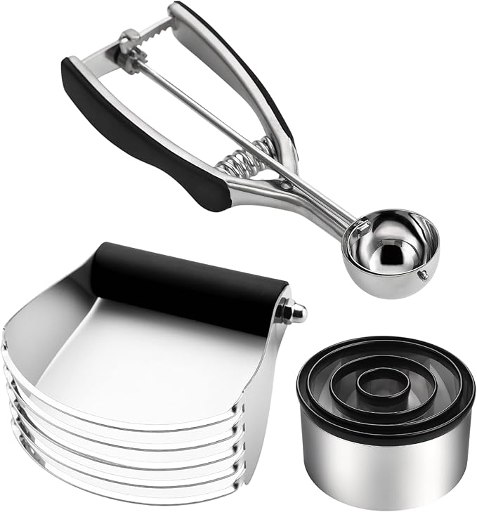 Spring Chef Multifunctional 1 Tablespoon Small Cookie Scoop, #60 & Large Dough Blender & Biscuit Cutter Set - 2 Product Bundle - Black