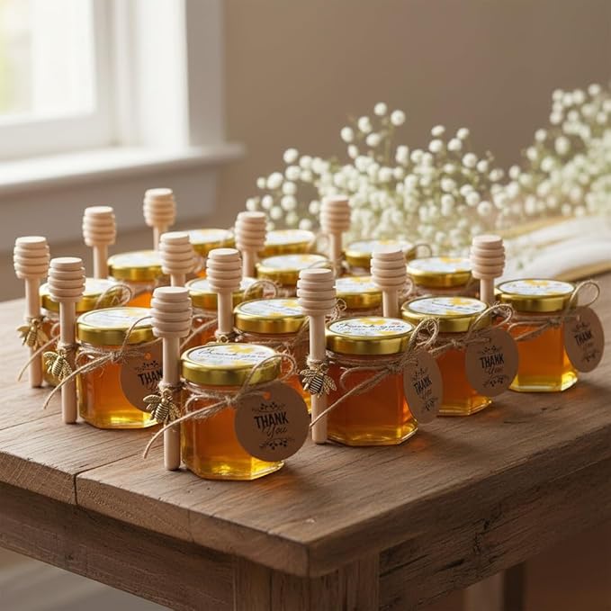 Adabocute Honey Pot, Glass Honey Jars, Small Honey Jars with Wooden Dippers, Bee Charms, Gold Gift Bags and Jutes Lids, Mini Honey Jars Baby Shower Favors, 1.5oz 40 Pack