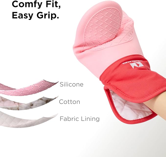 Kitchen Mama UltraShield Silicone Oven Mitts – Heat Resistant, Non-Slip Surface, Durable, Safe, Pot Holders, FlexiblWaterproof Glove Set, Perfect for Cooking, Baking, Grilling, BBQ (Red)