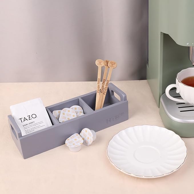HTB Slim Tea Bag Organizer 2pcs, Grey 3 Compartments Tea Box Wooden with Handle for Small Space, Wood Tea Organizer for Tea Bags