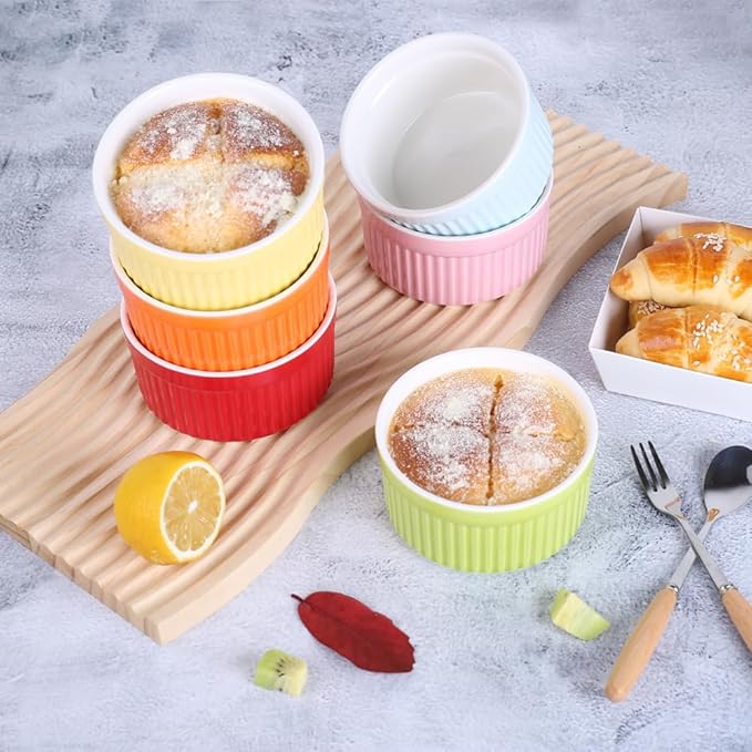 Ramekins 4oz,Creme Brulee Ramekins and Souffle Dishes,Porcelain Oven Safe Baking Bowls,Pudding Cups,Dipping bowl,Set of 6,White