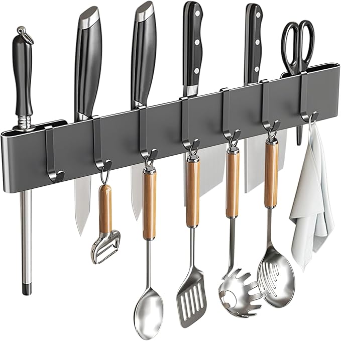 Kitchen Utensil Hanger: Wall Mount Holder Hanging Rack,7 Hooks Utensil Racks,No Drilling for Kitchen,Pantry,Bathroom,Livingroom 15.75 Inch (Dark Gray)