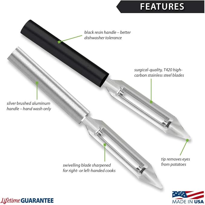 Rada Cutlery Vegetable Peeler (W232), 1.75" Stainless Steel Swiveling Blade, Black Handle, Pack of 6