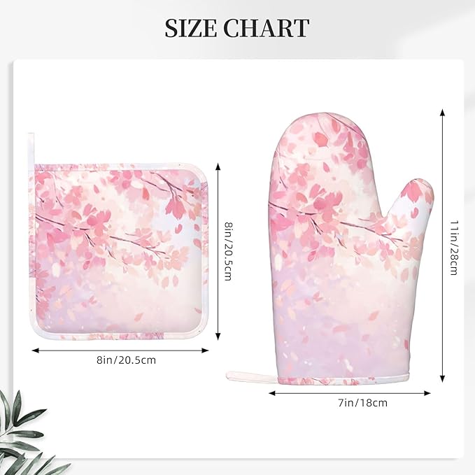 Oven Mitts and Pot Holders Cherry Blossom Flower Japanese Art Silicone Kitchen Accessories Set of 4 Heat Resistant Long Gloves Potholder Non-Slip Grip for Chef Cooking Baking Grilling BBQ