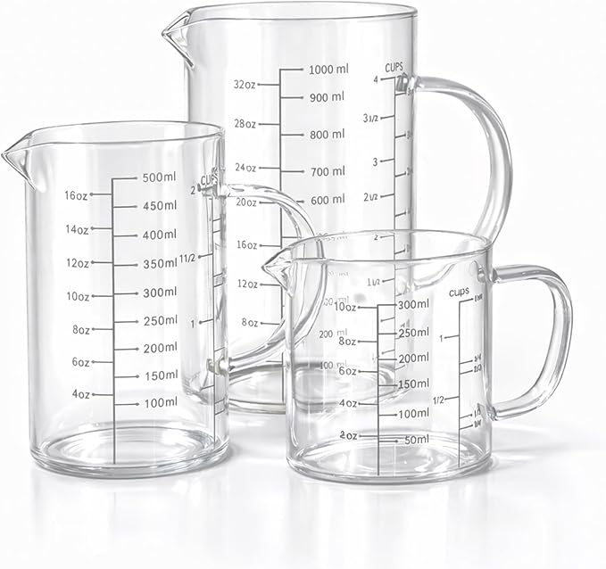 77L 3 Pack Glass Measuring Cup Set (1 1/4, 2 & 4 Cup) [Insulated handle, V-Shaped Spout], High Borosilicate Liquid Glass Measure Cup for Kitchen, Easy To Read, Dishwasher, Freezer, and Microwave Safe