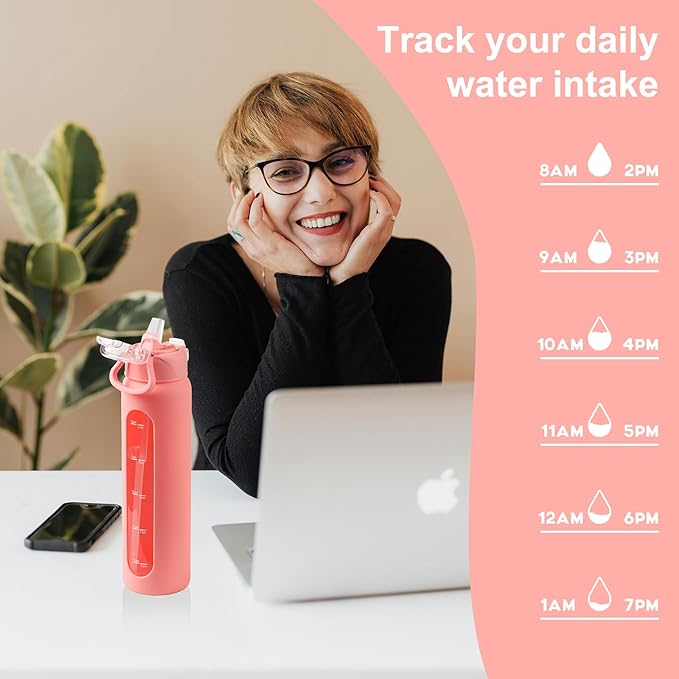 chunmo 24 oz Glass Water Bottles with 2 Lids-Handle Spout Lid & Straw Lid, Motivational Water Bottle with Time Marker and Silicone Sleeve,Leakproof-Pink-1 Pack