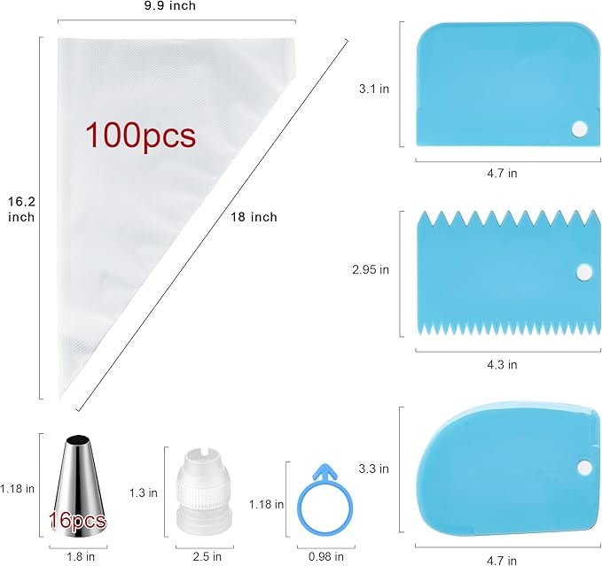 Piping Bags and Tips Set, Cakes Decorating Supplies Kit with 100pcs 18 Inch Pastry Bags, 16 Piping Tips, 3 Cake Scraper, 2 Couplers, 2 Bag Ties, Simple and Convenient Baking Supplies Set