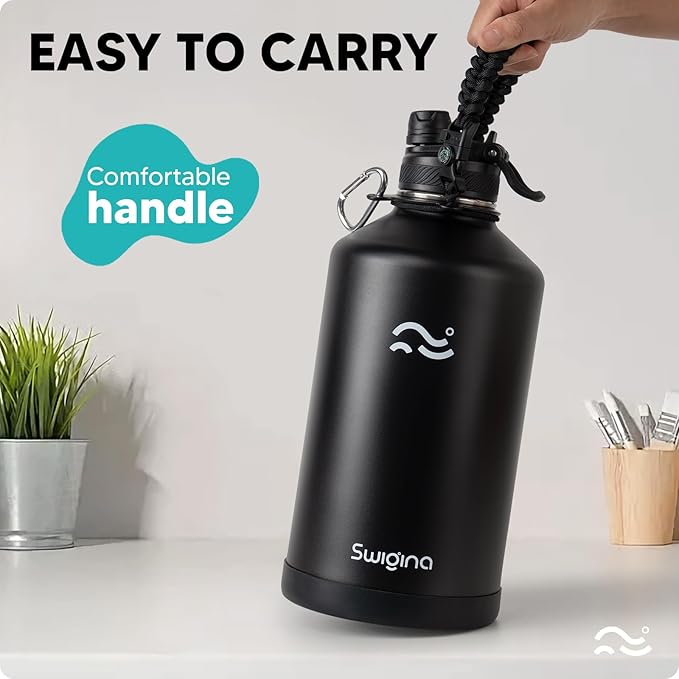 Swigina 1 Gallon Insulated Water Bottle with Silicone Boot (48hrs Cold/24hrs Hot) - DIY Stickers, Leakproof, BPA Free, 128 oz [2-IN-1 LID]
