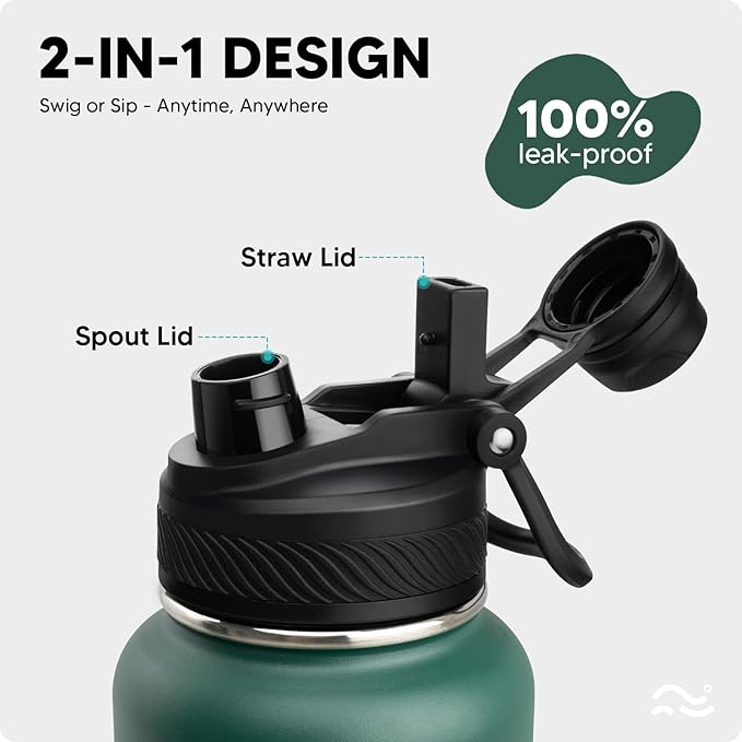 Swigina Insulated Water Bottle with Silicone Boot (36hrs Cold/18hrs Hot) - DIY Stickers, [2-in-1 Lid], BPA Free, 32 oz
